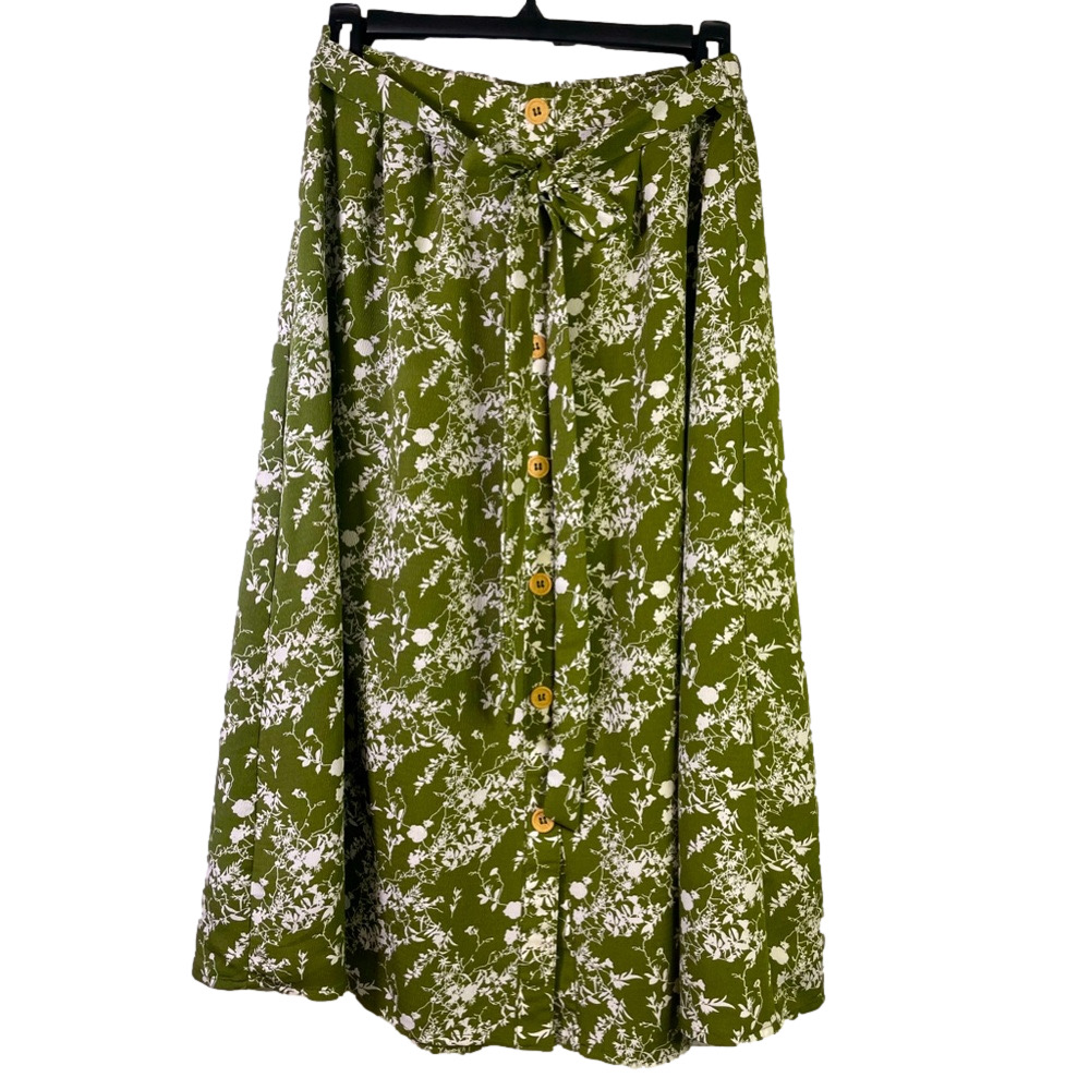 Green floral print boho cottagecore midi skirt with buttons ~ size medium